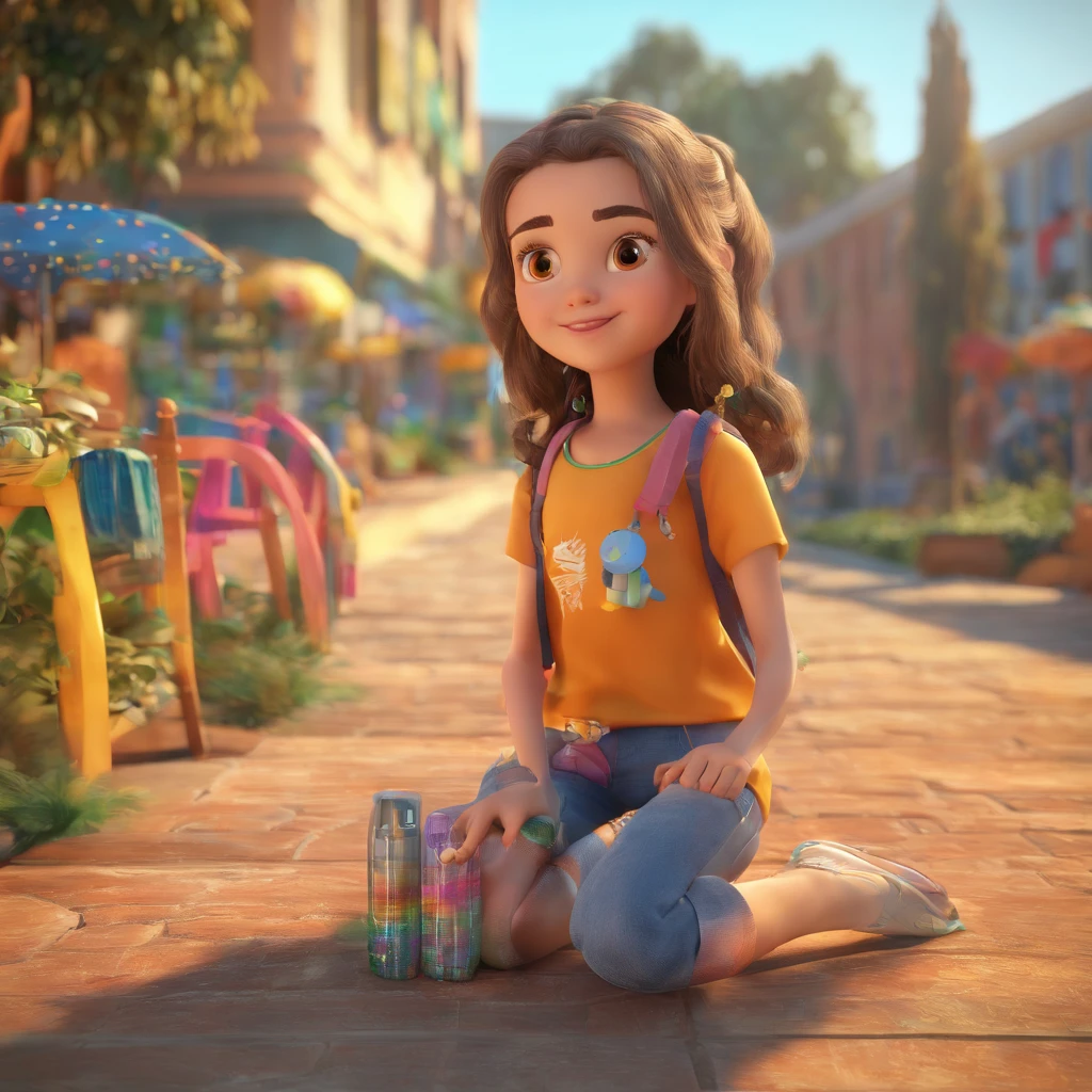 A girl sitting on the ground with a backpack and a toy - SeaArt AI