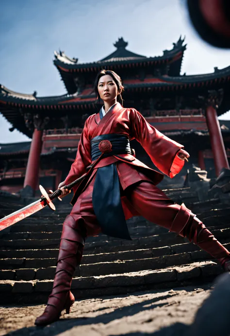 an ultra realistic wide angle epic full body battle shot of Mulan, intricate details, wearing a highly ultra realistic intricate...