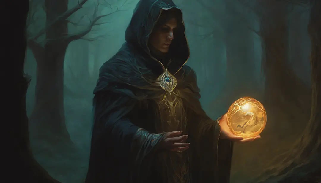 a close up of a person with a hood on holding a glowing ball, dark fantasy style art, dark cloaked necromancer, peter mohrbacher style, portrait of a mage, painted in the style arcane, dark concept art, in the art style of mohrbacher, dark fantasy concept ...