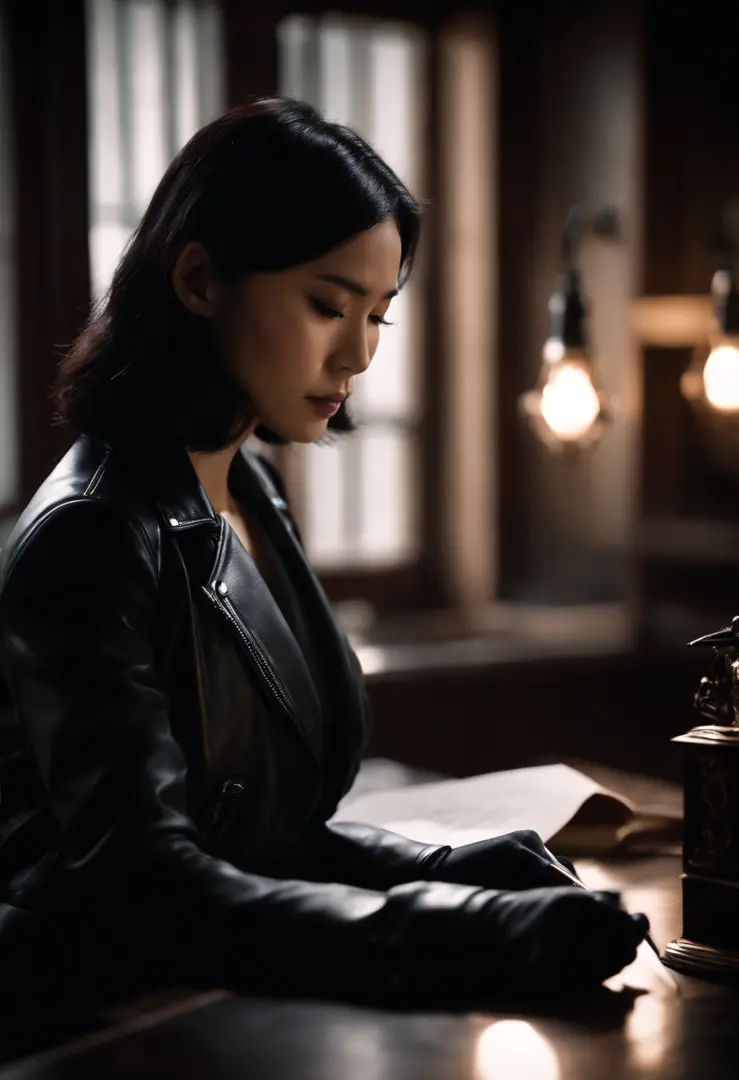 Wearing black leather gloves on both hands, Upper body, Black leather riders jacket, Writing a letter with a fountain pen on the desk, Black hair, Long Straight, Young japanese lady