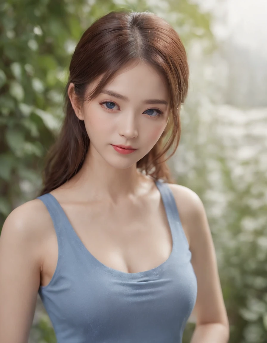 (((Medium Hair))), Best Quality, 8K, nffsw, hight resolution, absurderes:1.2, Blurry background, Bokeh:1.2, Photography, (Raw photo:1.2), (Photorealistic:1.4), (masutepiece:1.3), (Intricate details:1.2), 1girl in, Solo, japanaese girl, Delicate, Beautiful detailed, (Detailed eyes), (detailed facial features), , (((Small breasts))), Skin Tight, (up looking_で_viewer), from a_front, (skinny), (Best Quality:1.4), (超A high resolution:1.2), cinematric light, (Extreme detailed illustration), (lipgloss, Best Quality, 超A high resolution, depth of fields, Caustics, Broad lighting, Natural Shading, 85 mm, F/1.4, ISO 200, 1/160s:0.75),1girl in, Solo, (((Blue vest))) , Smile, , Necklace,Full body like