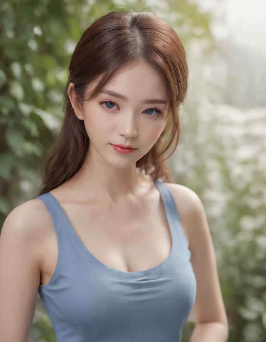 (((Medium Hair))), Best Quality, 8K, nffsw, hight resolution, absurderes:1.2, Blurry background, Bokeh:1.2, Photography, (Raw photo:1.2), (Photorealistic:1.4), (masutepiece:1.3), (Intricate details:1.2), 1girl in, Solo, japanaese girl, Delicate, Beautiful detailed, (Detailed eyes), (detailed facial features), Petite, (((Small breasts))), Skin Tight, (up looking_で_viewer), from a_front, (skinny), (Best Quality:1.4), (超A high resolution:1.2), cinematric light, (Extreme detailed illustration), (lipgloss, Best Quality, 超A high resolution, depth of fields, Caustics, Broad lighting, Natural Shading, 85 mm, F/1.4, ISO 200, 1/160s:0.75),1girl in, Solo, (((Blue vest))) , Smile, School uniform, Necklace,Full body like