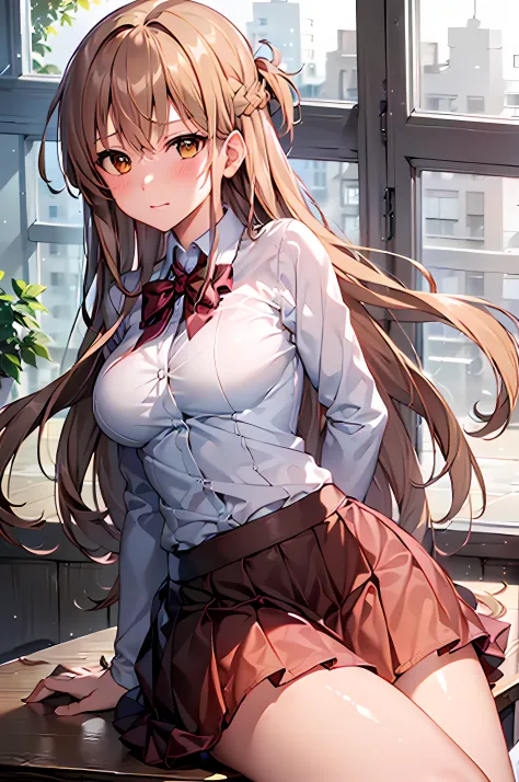 (Best quality, 8k, ultra high res, absurdes:1.2), ( 1girl, beautiful face, beautiful body, aaasuna, long hair, brown hair, braid, brown eyes, Adult, mature, shy, blush), (komi_sch),(Classroom, sitting on table), (noon, warm lights, looking at viewer)