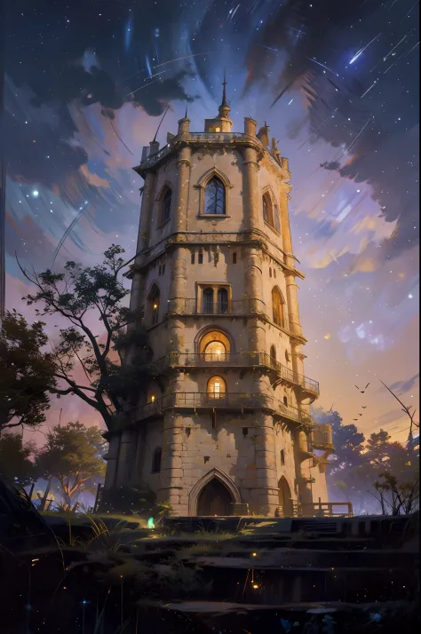 a very detailed photography of a fairy tale tower with a lot of fireflies, starry night, fantasy, iperrealistic
