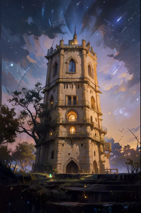 a very detailed photography of a fairy tale tower with a lot of fireflies, starry night, fantasy, iperrealistic