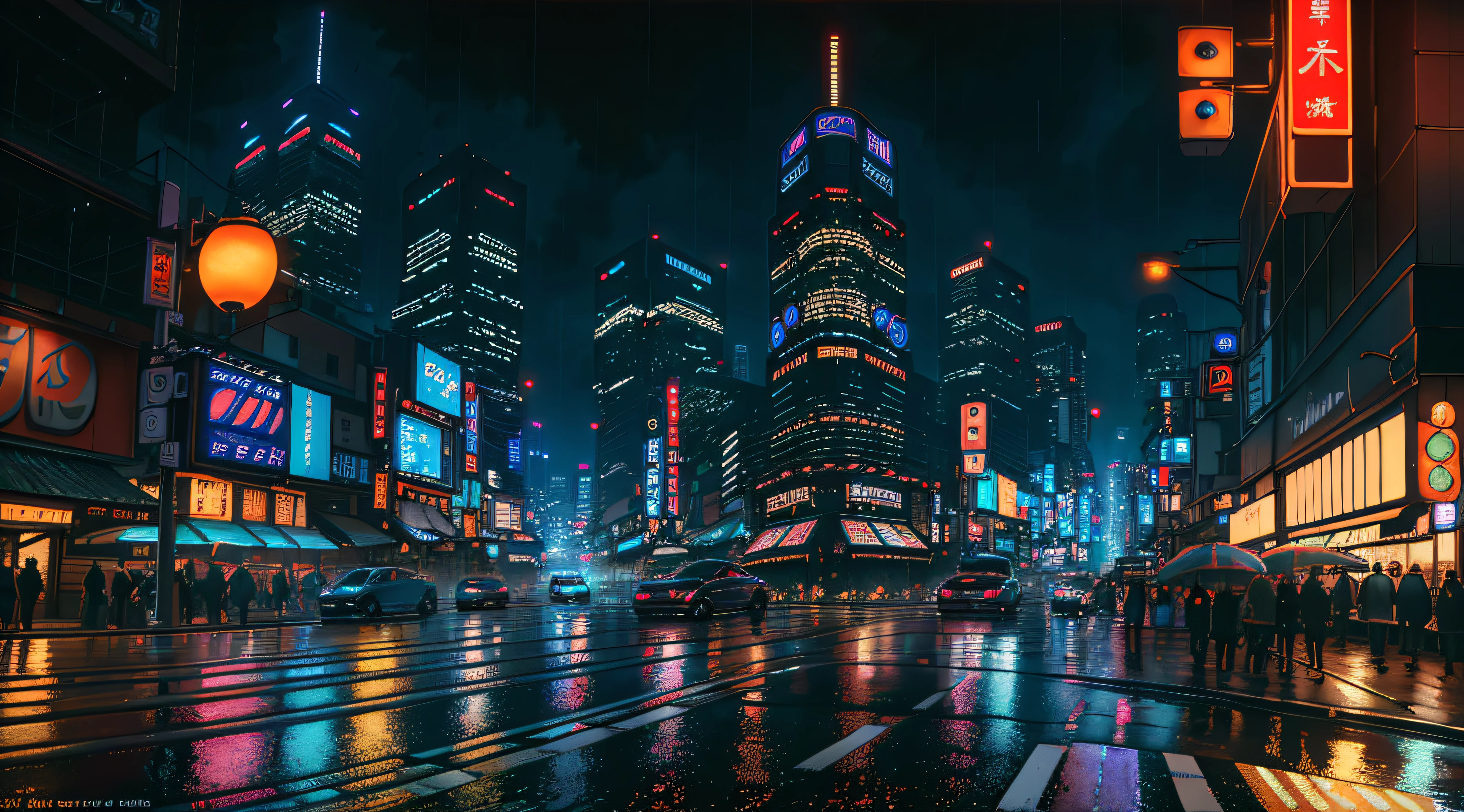 ((best quality)), ((masterpiece)), ((ultra realistic)), ((night time)), majestically detailed soft oil painting by jim lee, beautiful neon cyberpunk Tokyo, reflections, raining, crowded scifi city street, futuristic cars, night time, metallic, neon edge lighting, people, umbrellas, professional, skyscrapers, deep shadows, masterpiece, realistic, roughness, ultra realistic, photographed on a Canon EOS R5, 50mm lens, F/2.8, HDR, 8k resolution, highres, high detail, sharp focus, smooth, roughness, real life, photorealism, photography, 8k uhd,