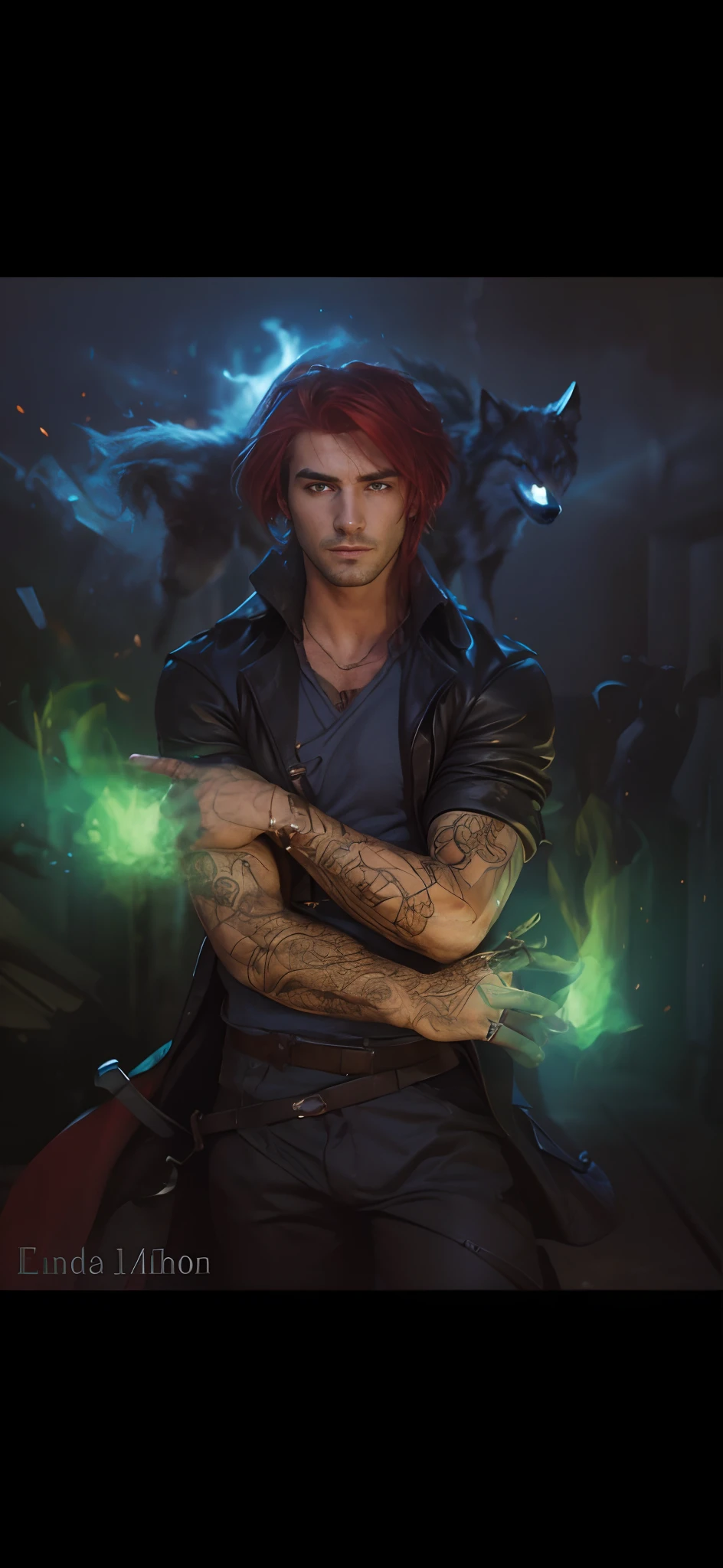ультра реалистичный, лихой привлекательный мужчина с ярко-рыжими волосами, воплощает образ Константина, Теневое существо, находящееся позади него в форме волка