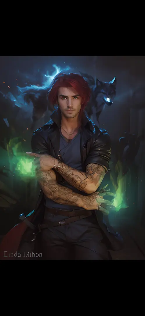 ultra realistic, dashing attractive male with bright red hair, embodies the look like constantine, shadow creature that’s behind...