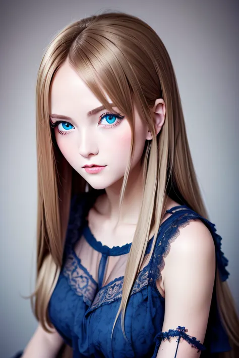 beautiful  european girl, brown hair, blue eyes, ((melancholy girl)), portrait of princess ruu, telluric sky, robert chang style...