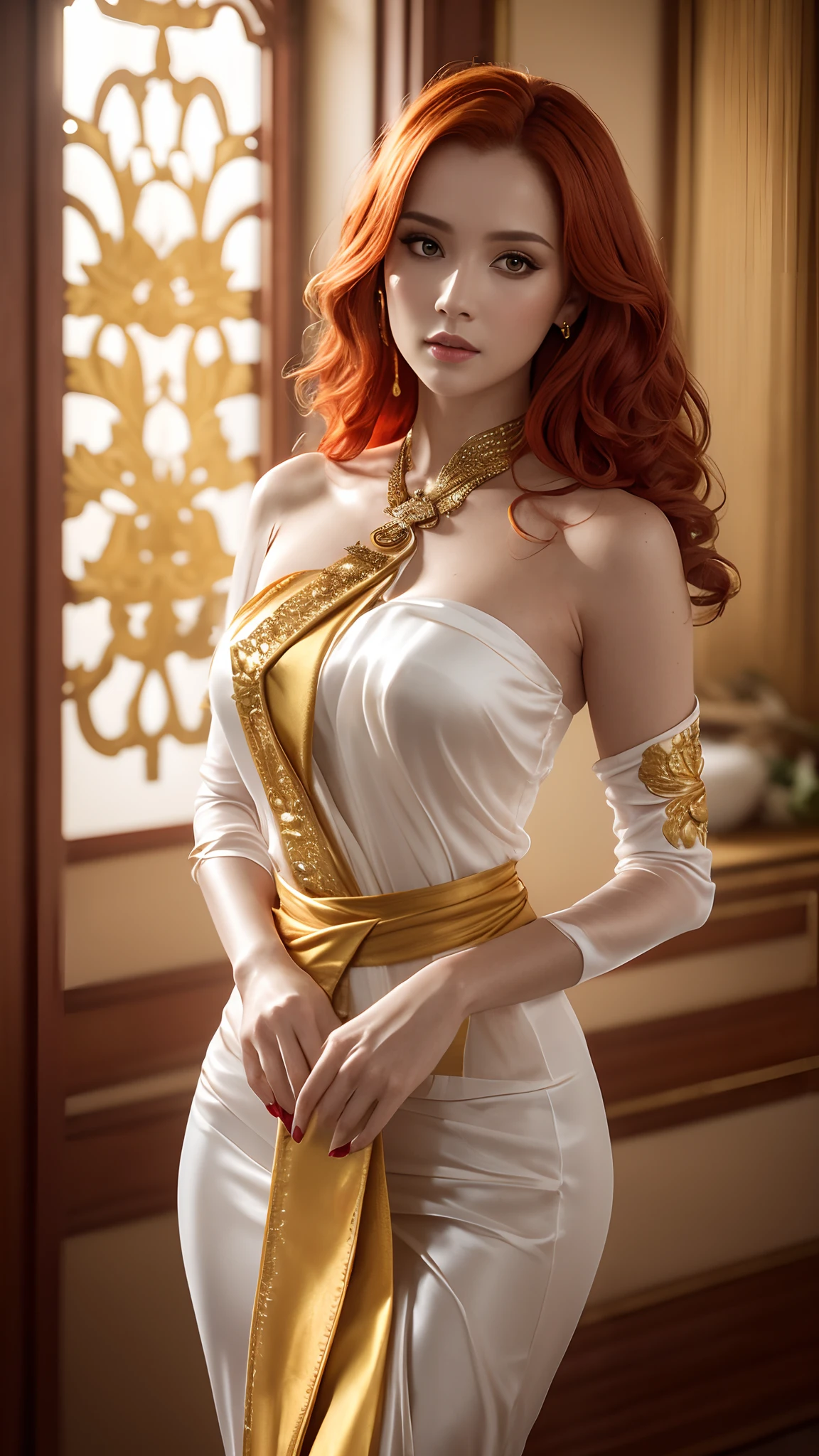 Photorealistic Production, (One Person), (Realistic Image of a 25 Years Old British Female Model), (Shoulder-level Wavy Red Hair:1.6), (Pale Skin:1.4), (Wearing a White Ornated Kebaya Dress with Silk Cloth and Golden Jeweleries:1.6), (Serious Face), (Deep Cleavage), (Elegant Pose:1.4), Centered, (Waist-up Shot:1.4), From Front Shot, Insane Details, Intricate Face Detail, Intricate Hand Details, Cinematic Shot and Lighting, Realistic Colors, Masterpiece, Sharp Focus, Ultra Detailed, Taken with DSLR camera, Realistic Photography, Depth of Field, Incredibly Realistic Environment and Scene, Master Composition and Cinematography