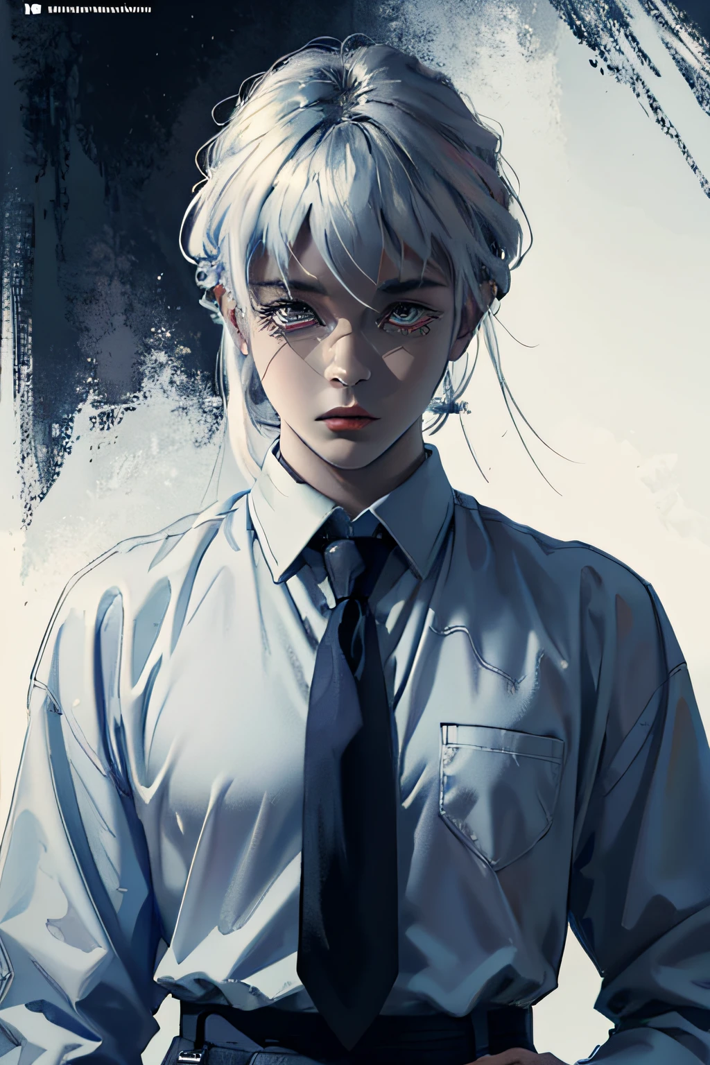 (masterpiece, best quality), 1boy, beautiful face, collared shirt, white shirt, necktie, character design, no watermark, --niji 5, emo style clothing, y2k, character sheet, fine detailed eyes, ethereal, character design, character sheet