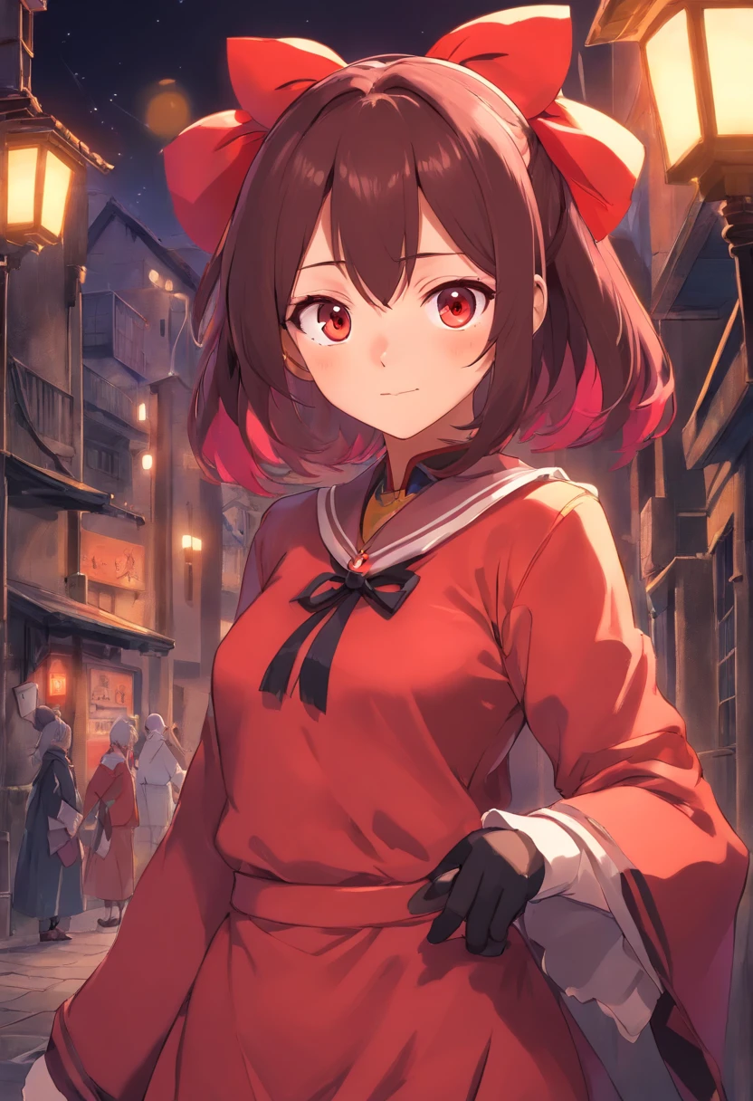 Anime girl in red dress standing in a street at night - SeaArt AI