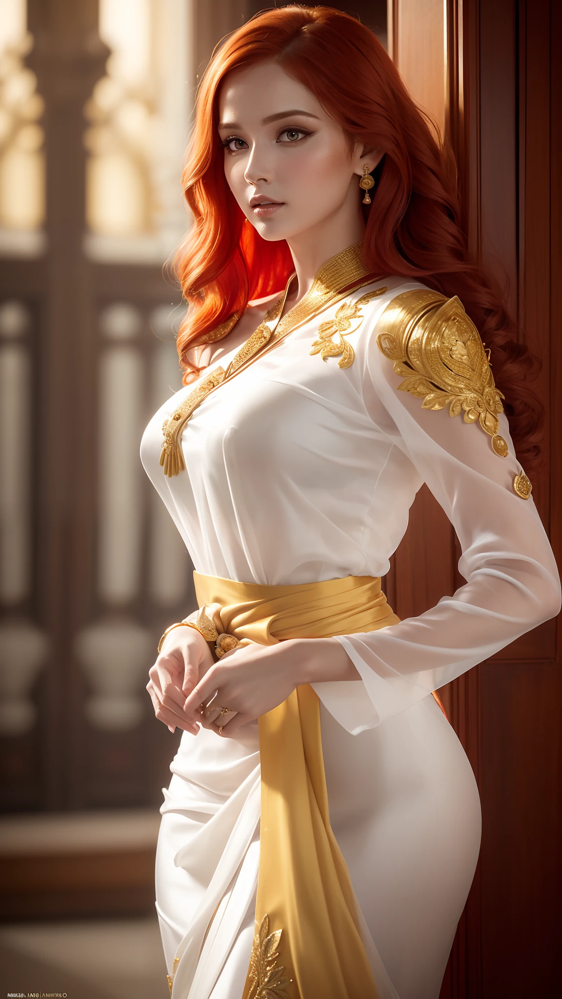 Photorealistic Production, (One Person), (Realistic Image of a 25 Years Old British Female Model), (Shoulder-level Wavy Red Hair:1.6), (Pale Skin:1.4), (Wearing a White Ornated Kebaya Dress with Silk Cloth and Golden Jeweleries:1.6), (Serious Face), (Deep Cleavage), (Elegant Pose:1.4), Centered, (Waist-up Shot:1.4), From Front Shot, Insane Details, Intricate Face Detail, Intricate Hand Details, Cinematic Shot and Lighting, Realistic Colors, Masterpiece, Sharp Focus, Ultra Detailed, Taken with DSLR camera, Realistic Photography, Depth of Field, Incredibly Realistic Environment and Scene, Master Composition and Cinematography