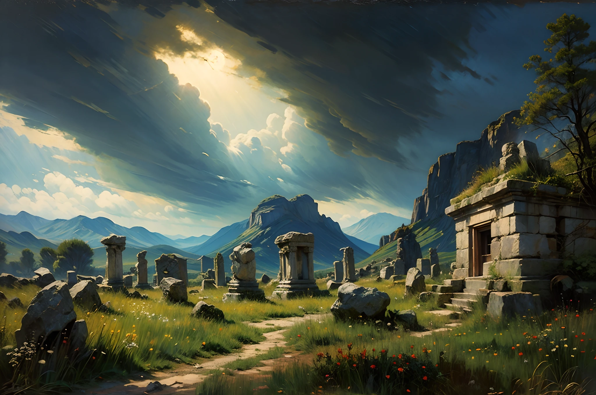 oil painting landscape, cinematic lighting, dramatic lighting, druids temple, old ancient stones, runes, magic signs