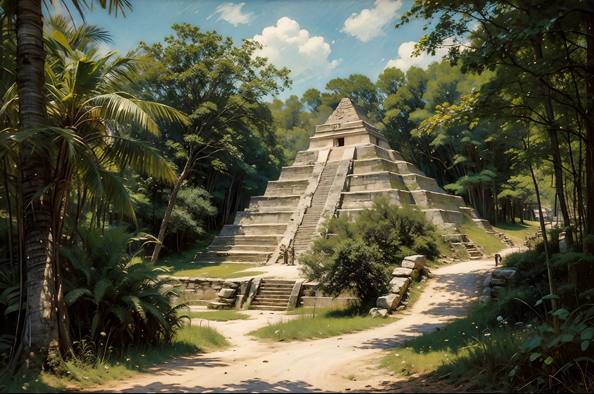 oil painting landscape, cinematic lighting, dramatic lighting, pyramid mayan aztec mexico, pyramid in the jungle, native americans pyramid