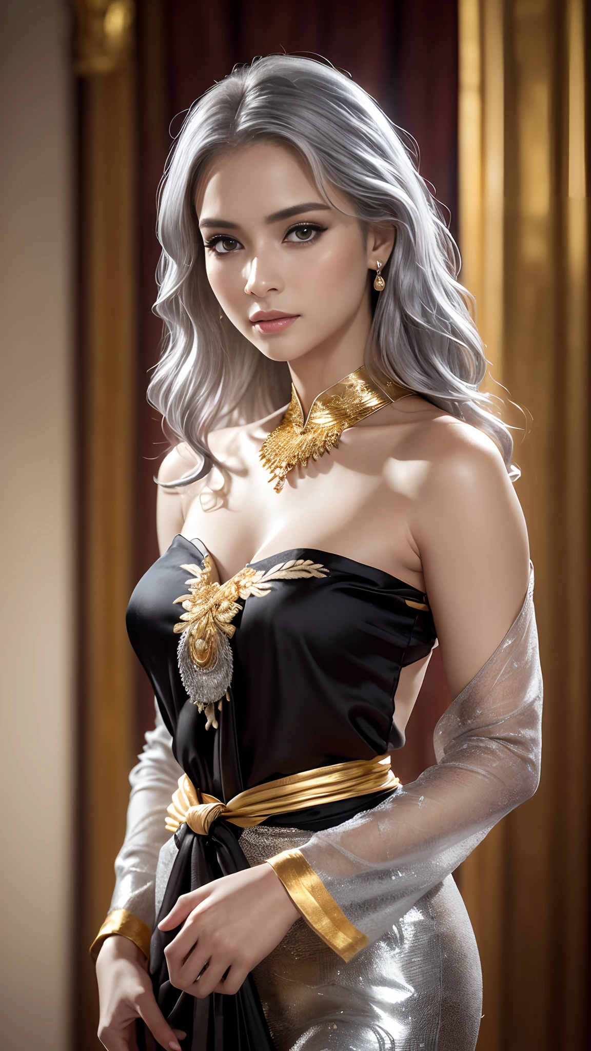 Photorealistic Production, (One Person), (Realistic Image of a 25 Years Old British Female Model), (Shoulder-level Wavy Silver Hair:1.6), (Pale Skin:1.4), (Wearing a Black Ornated Kebaya Dress with Silk Cloth and Golden Jeweleries:1.6), (Serious Face), (Deep Cleavage), (Elegant Pose:1.4), Centered, (Waist-up Shot:1.4), From Front Shot, Insane Details, Intricate Face Detail, Intricate Hand Details, Cinematic Shot and Lighting, Realistic Colors, Masterpiece, Sharp Focus, Ultra Detailed, Taken with DSLR camera, Realistic Photography, Depth of Field, Incredibly Realistic Environment and Scene, Master Composition and Cinematography