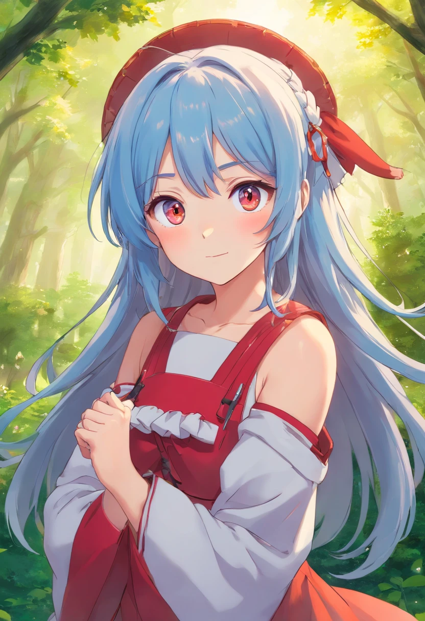 A girl with blue hair and a red dress is standing in the woods - SeaArt AI