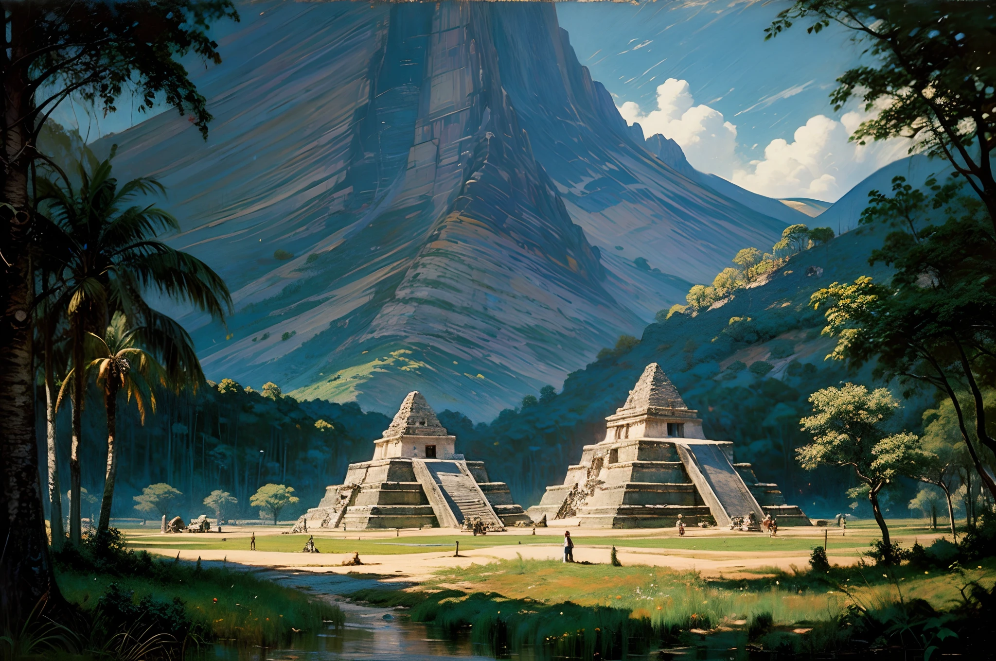 oil painting landscape, cinematic lighting, dramatic lighting, pyramid mayan aztec mexico, pyramid in the jungle, native americans pyramid