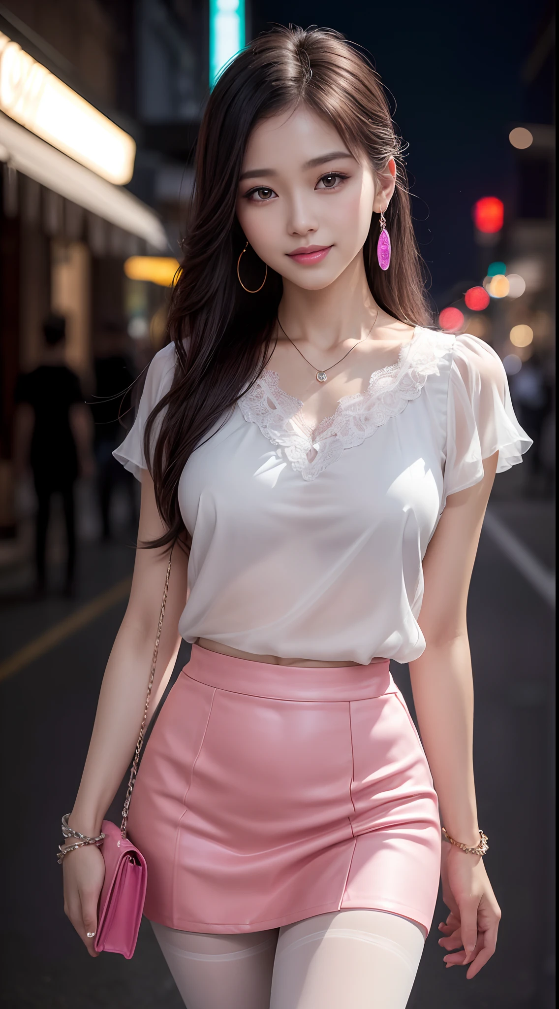 8k, masterpiece, RAW photo, best quality, photorealistic, extremely detailed CG unity 8k wallpaper, Depth of field, Cinematic Light, Lens Flare, Ray tracing, (extremely beautiful face, beautiful lips, beautiful eyes), intricate detail face, ((ultra detailed skin)) 1girl, in the dark, deep shadow, pretty korean girl, kpop idol,(very slim slender fit-muscled body:1.3), ((looking at viewer)),(big smile:1.3), (night, (neon sign), (blurry background), midnight, (without people in the background:1.3), pretty korean girl, white diamond earrings, bracelets, necklace, pantyhose, clear eyes, walking , front shot, (pale skin), face forward, (big eyes), full body shot, ((see through blouse)), (hot pink color blouse)), ((laced skirt)), (looking at viewer:1.3), very slim, medium breasts, Hermes bag