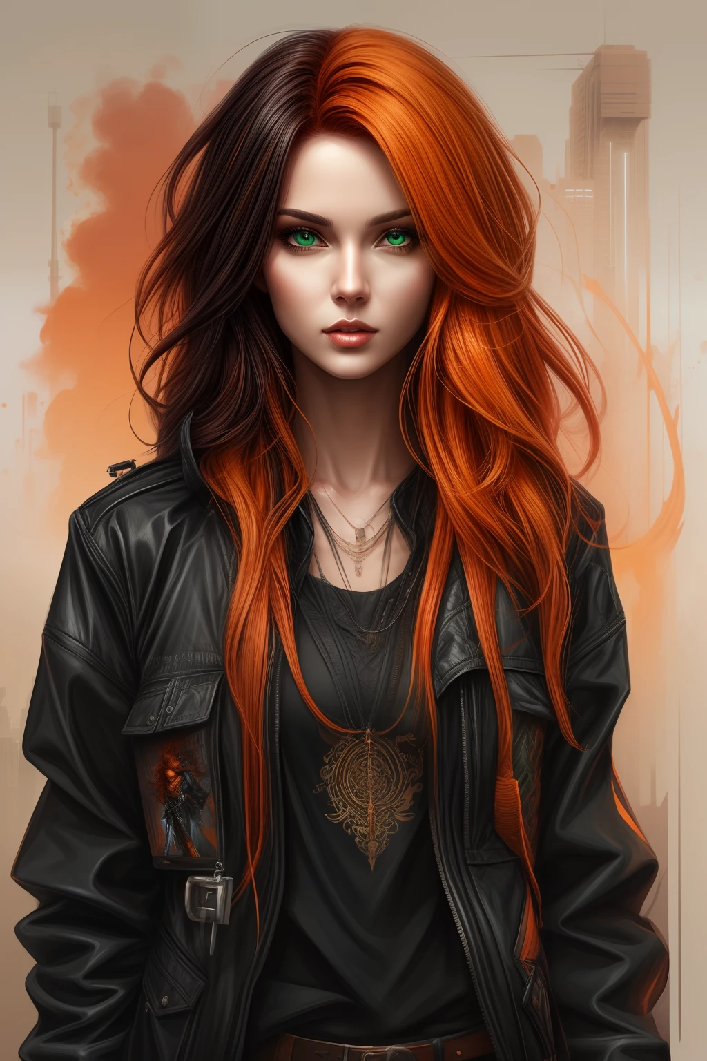 Hay una mujer con cabello naranja y una chaqueta negra, ojos verdes, impresionante ilustración digital, estilo artístico realista, obra de arte estilizada de fantasía urbana, tonos naranja y negro, hermosa ilustración digital, obra de arte al estilo de guweiz, estilo artístico realismo, retrato detallado del personaje, deviantart estación de arte cgscosiety, retrato de la sociedad cg, Piel de naranja y pelo largo y ardiente., preciosa pintura digital