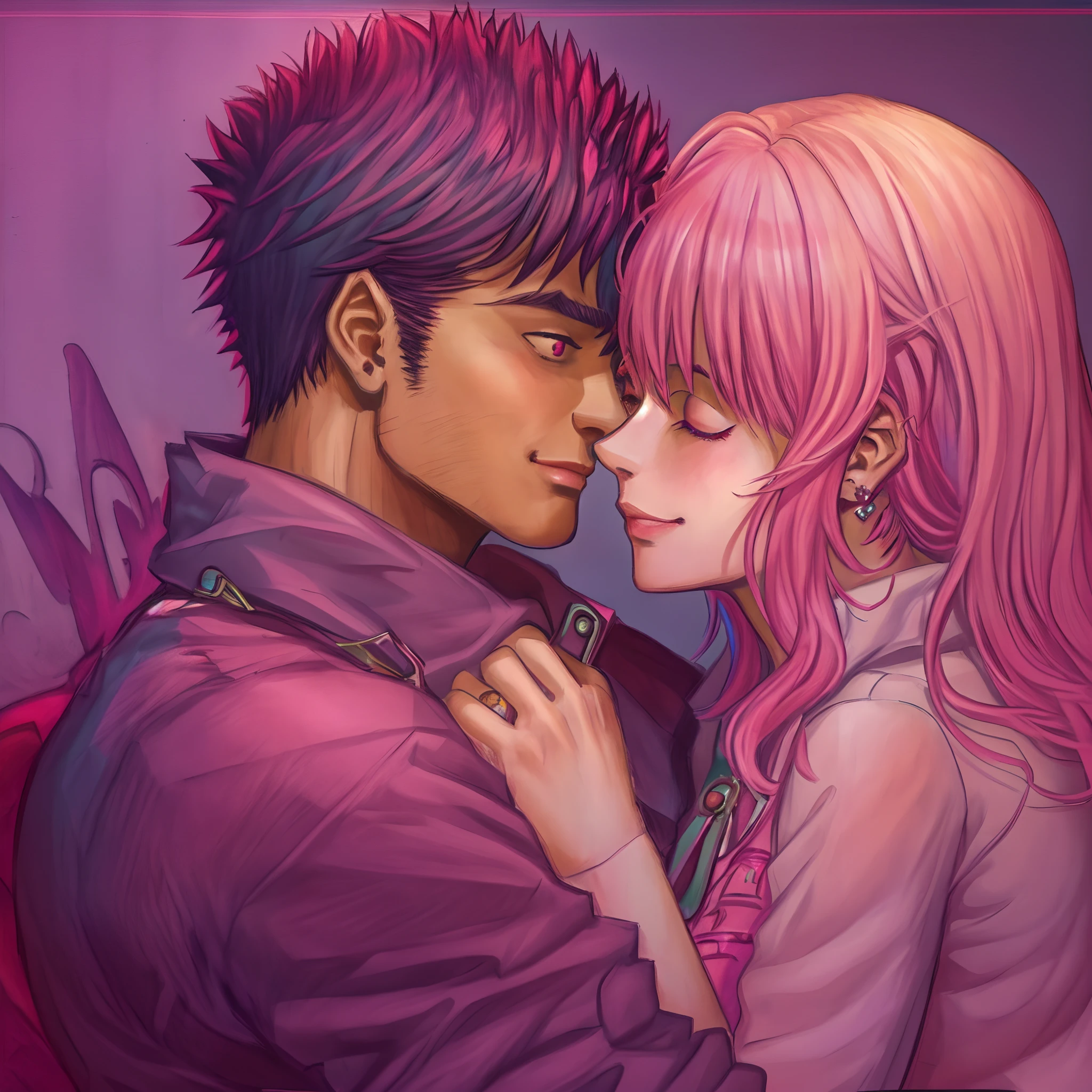 A couple of anime characters kissing each other in a pink room - SeaArt AI