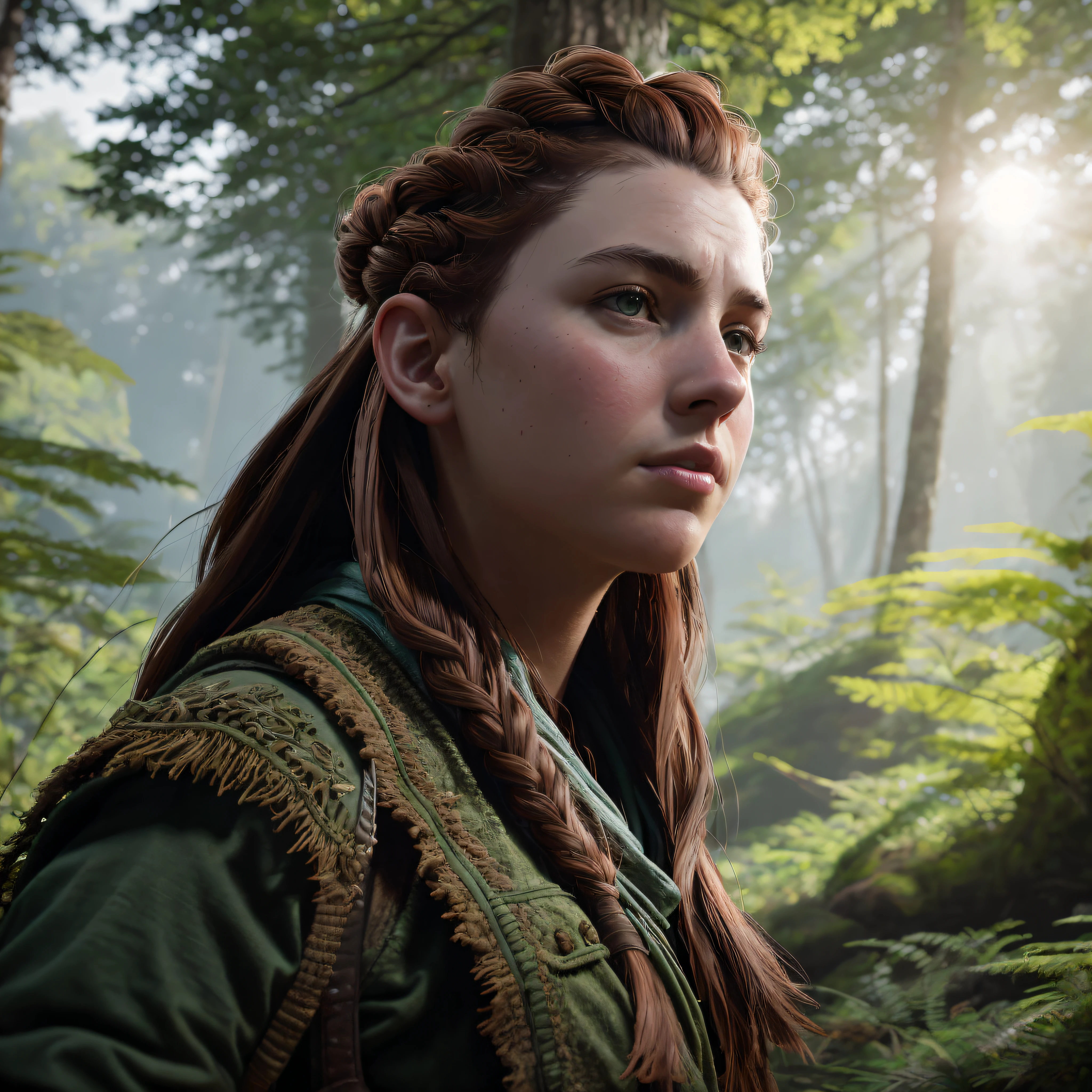 photo of aloy in forest, holding bow, masterpiece, best quality, highest quality, cinematic lighting, (volumetric lighting), extremely detailed CG unity 8k wallpaper, focused, 8k wallpaper, 4k wallpaper, extremely detailed, ultra realistic, photorealistic, sharp focus, HDR, (high contrast), photograph, detailed and intricate, instagram, portrait, highly detailed, sharp focus, illustration, cinematic lighting