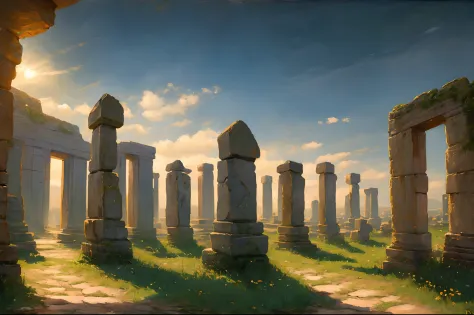 oil painting landscape, cinematic lighting, dramatic lighting, druids temple, old ancient stones, runes, magic signs