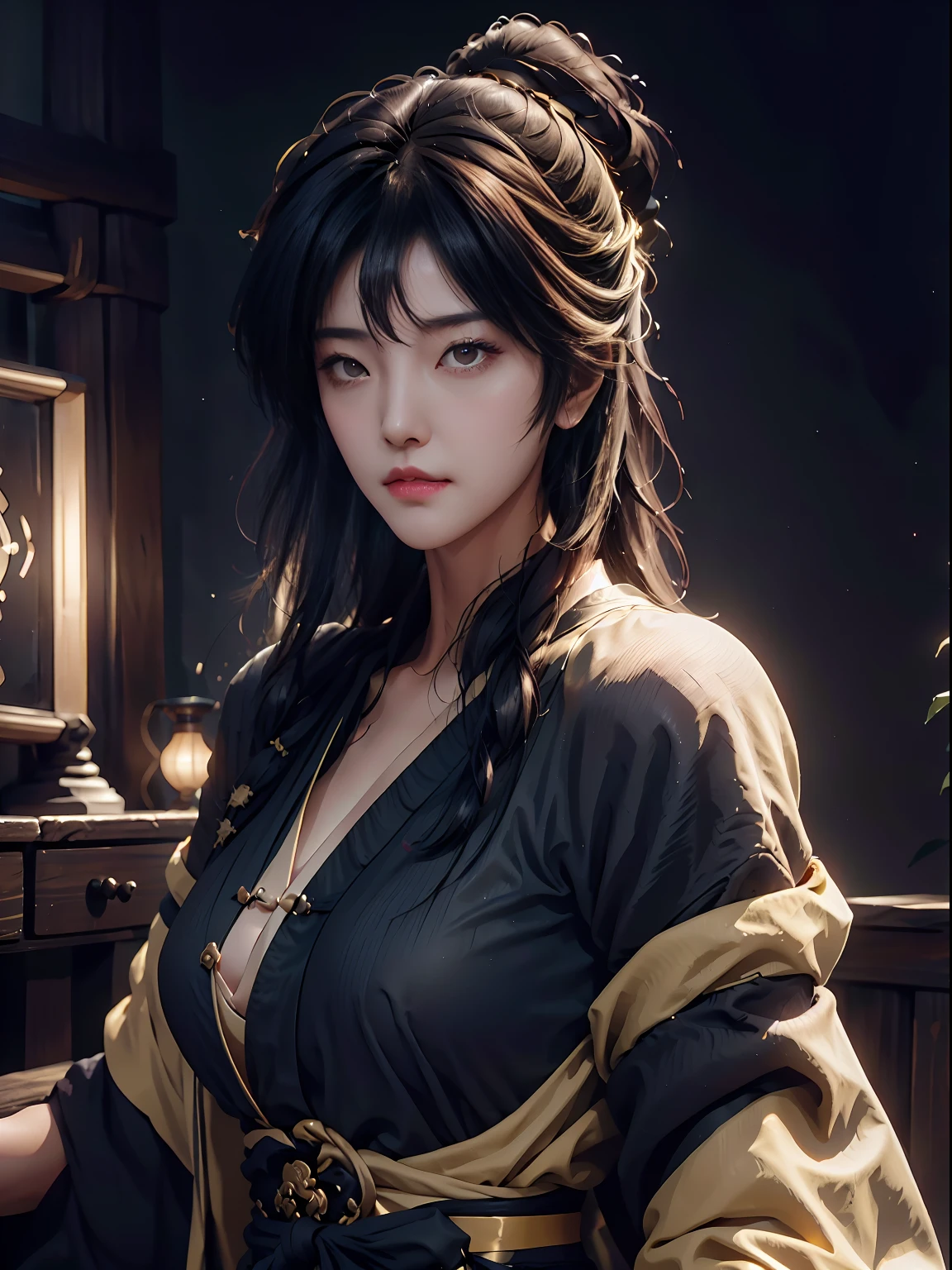 Blindfolded, an Chinese handsome girl, black and yellow cloth, flowing Hanfu, black, game model, stunning lighting, C4D, OC renderer, pure black background, movie edge light, delicate light, masterpiece, super detailed, epic composition, super HD, high quality, highest quality, 8k, UHD,