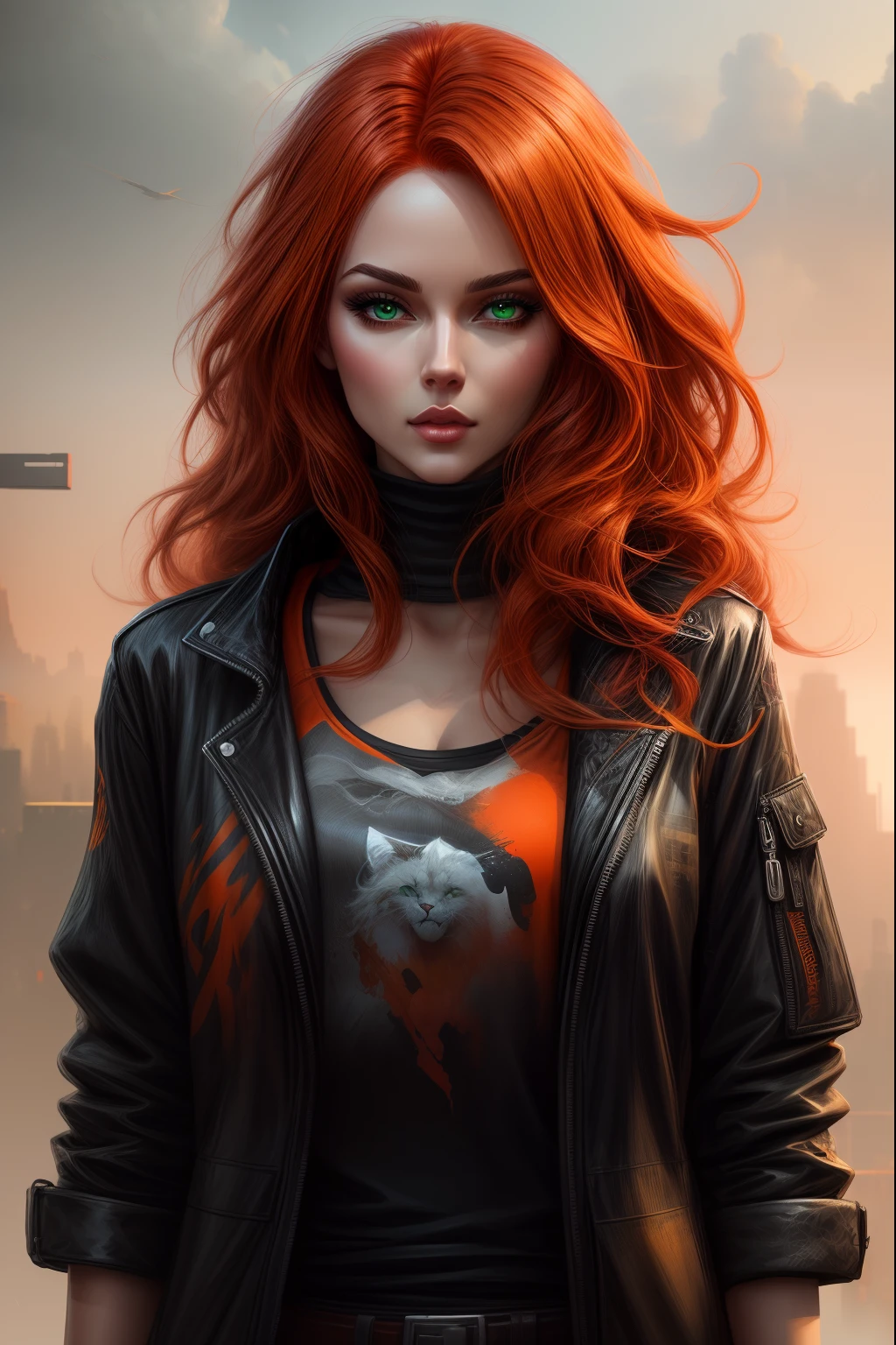 Hay una mujer con cabello naranja y una chaqueta negra, ojos verdes, impresionante ilustración digital, estilo artístico realista, obra de arte estilizada de fantasía urbana, tonos naranja y negro, hermosa ilustración digital, obra de arte al estilo de guweiz, estilo artístico realismo, retrato detallado del personaje, deviantart estación de arte cgscosiety, retrato de la sociedad cg, Piel de naranja y pelo largo y ardiente., preciosa pintura digital