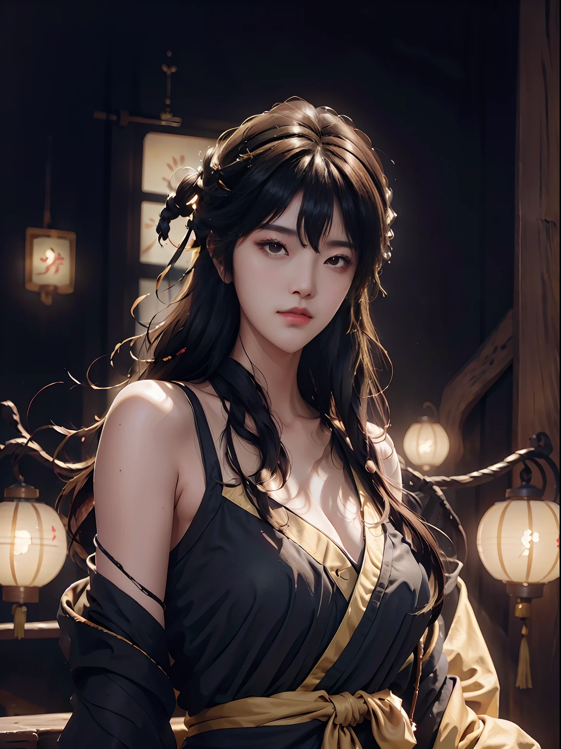 Blindfolded, an Chinese handsome girl, black and yellow cloth, flowing Hanfu, black, game model, stunning lighting, C4D, OC renderer, pure black background, movie edge light, delicate light, masterpiece, super detailed, epic composition, super HD, high quality, highest quality, 8k, UHD,