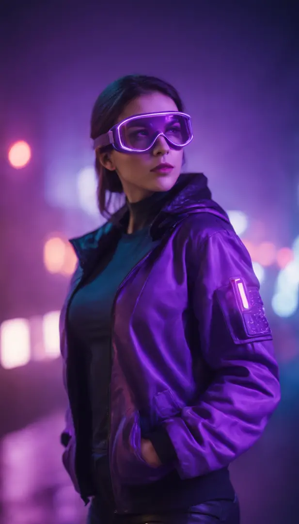 3D illustration of a frontal view of a cyberpunk girl in futuristic mask with protective glasses and filters in elegant purple EL wire jacket standing in a night scene with air pollution