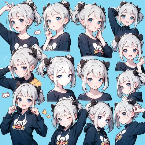 Cute girl avatar，Exaggerated memes，with short white hair，（9 emojis，emoji sheet of，Align arrangement），9 poses and expressions（grieves，irate，having fun，Dumb cute，adolable，doubt，Sleepy，Hungry，CRIT），Anthropomorphic style，Disney  style，a color，Different express...