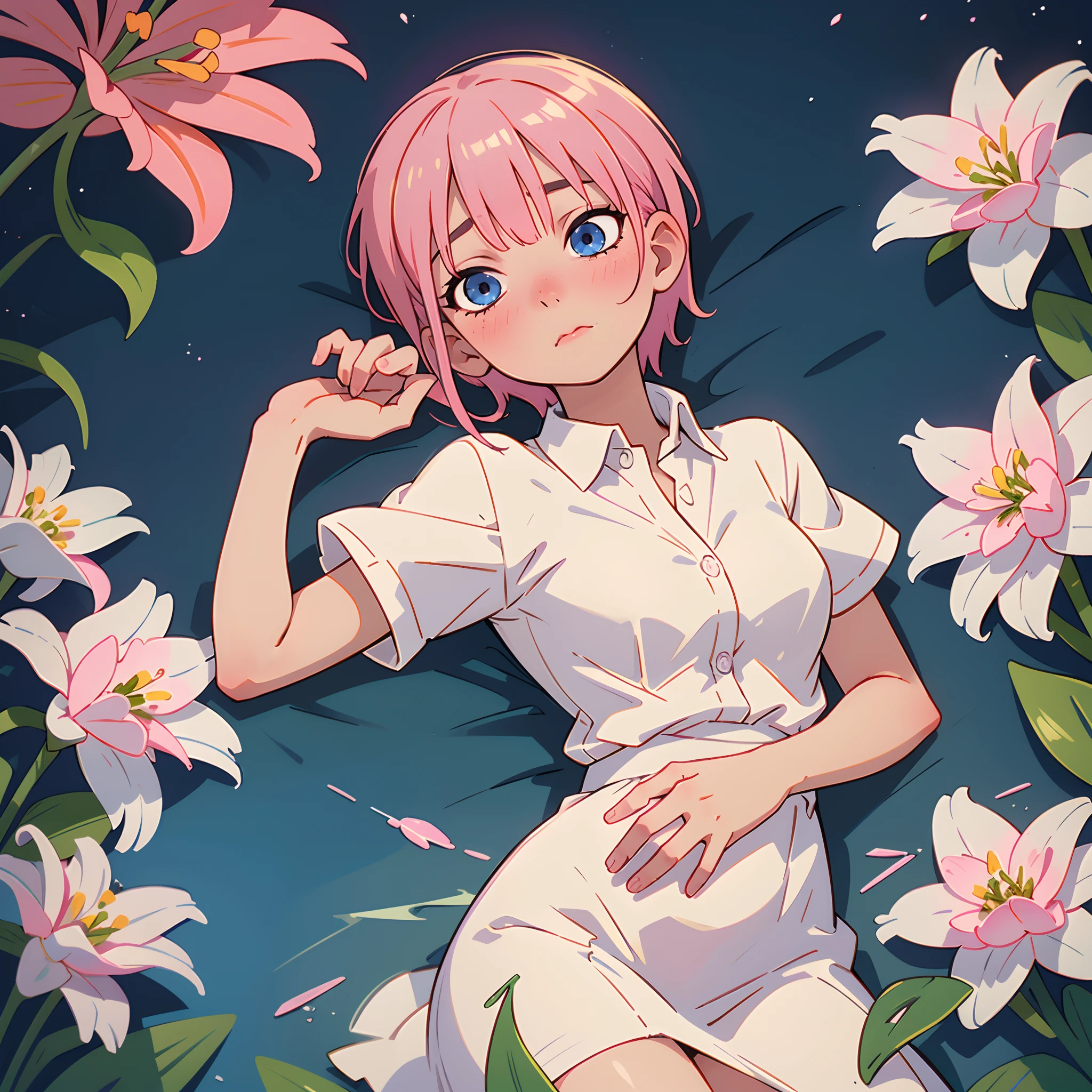 Ichika Nakano, short pink hair, blue eyes, nakano_ichika, collared white shirt slightly umbuttoned, Heart, iridescent, cute, crystal, love, blushing, sweet expression, splendid delicate dress, laying among lillies, blue sky, iridescent clouds, pastels, dark starry sky,