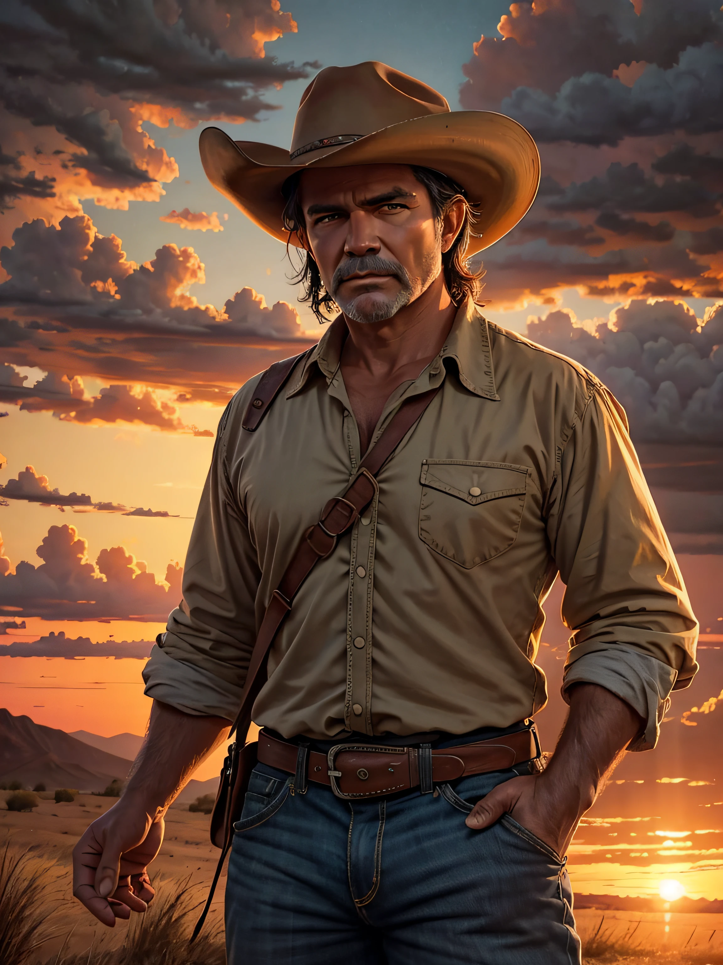 Cowboy in a Sunset, [oil-painting], [Western style with a dramatic sunset], [Medium resolution for an artistic touch], [Paleta de cores quentes e douradas], [dramatic sunset lighting], [Telephoto camera lens for close-ups] [cinematic perspective], [Artistic quality of oil painting]