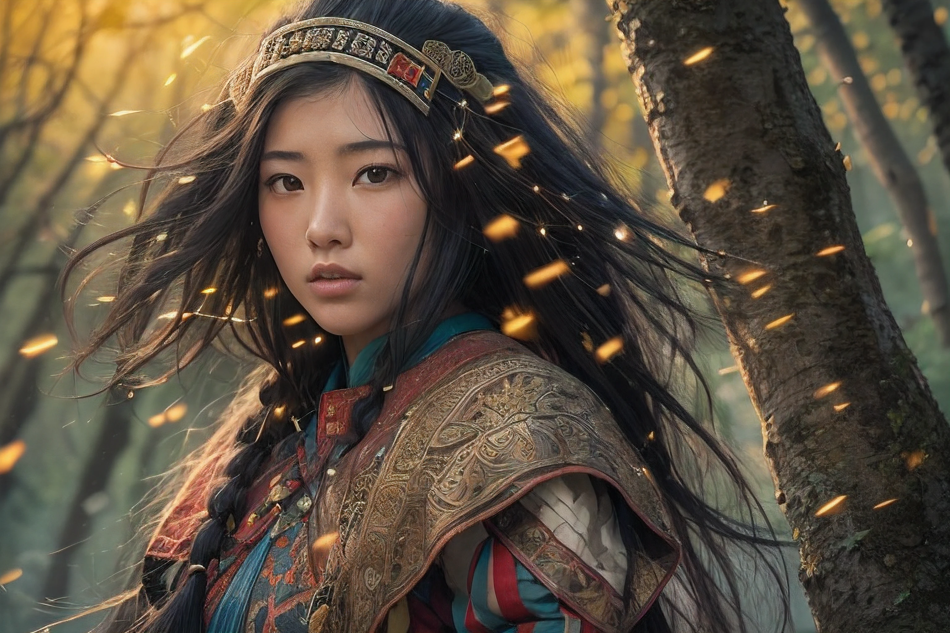 A beautiful 21-year-old Mongolian woman, ((Princesa Khutulun, el descendiente de Genghis Khan, viste ropa para la guerra, which is in the middle of a forest full of fireflies walking cautiously among the trees)), Primer plano del cuerpo desde abajo, Forest with fireflies, Bosque MONGOL, puesta del sol, calidad premium, Arte por Tron_Flynn, ultrahigh resolution, (real: 1.4), film lighting, (ultra realista), (High resolution), (8k), (Altamente detallado ), (best  illustration), Cara detallada,