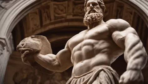 A closeup of a statue of a strong man, com barba, A marble sculpture of Hercules, classical realism, macho, wise, postura de poder, marble carving, 8k, cinemactic