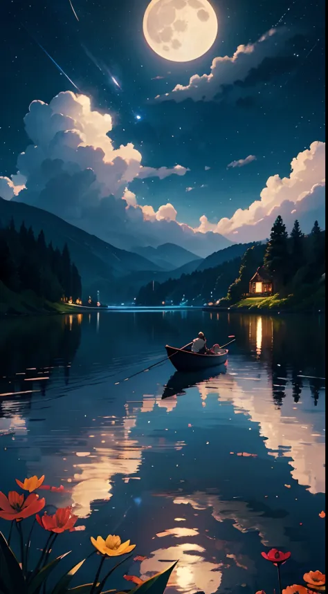 (masterpiece), best quality, a men fishing in a little boat in the lake, lamp in the boat, warm lights, gorgeous, reflections, beautiful clouds, sky, water, ((night)), cozy, white clouds, landscape, perfect light, pure, divine, 4k, stars, milkway, warm col...