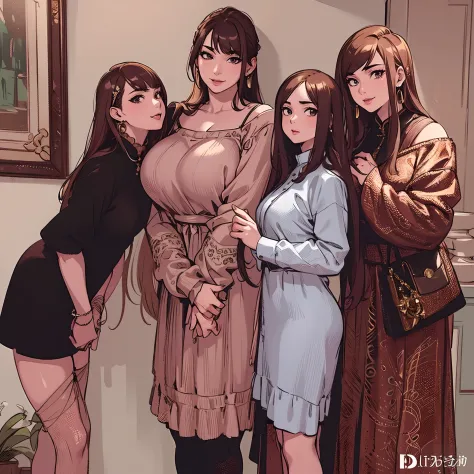 masterpiece,(bestquality),highlydetailed,ultra-detailed, 4girls, artist name, asian, brown hair, dress, earrings, jacket, lips, ...