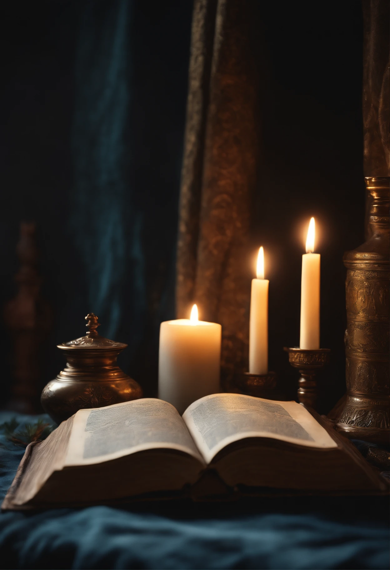 Candles and a book are lit on a bed with a blue blanket - SeaArt AI