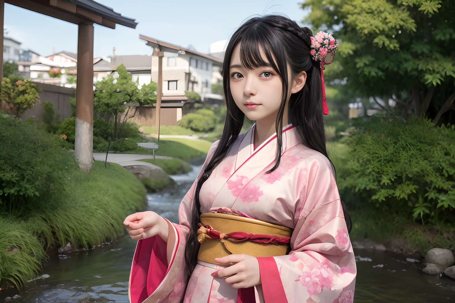 1fille, seulement, Kamado Nezuko , cheveux très longs ,cheveux noirs, Yeux roses, Forehead, vêtements japonais, Kimono rose, Haori , ceinture , ruban pour cheveux de la meilleure qualité,beautiFul,4k,F/1.6,Fractal art