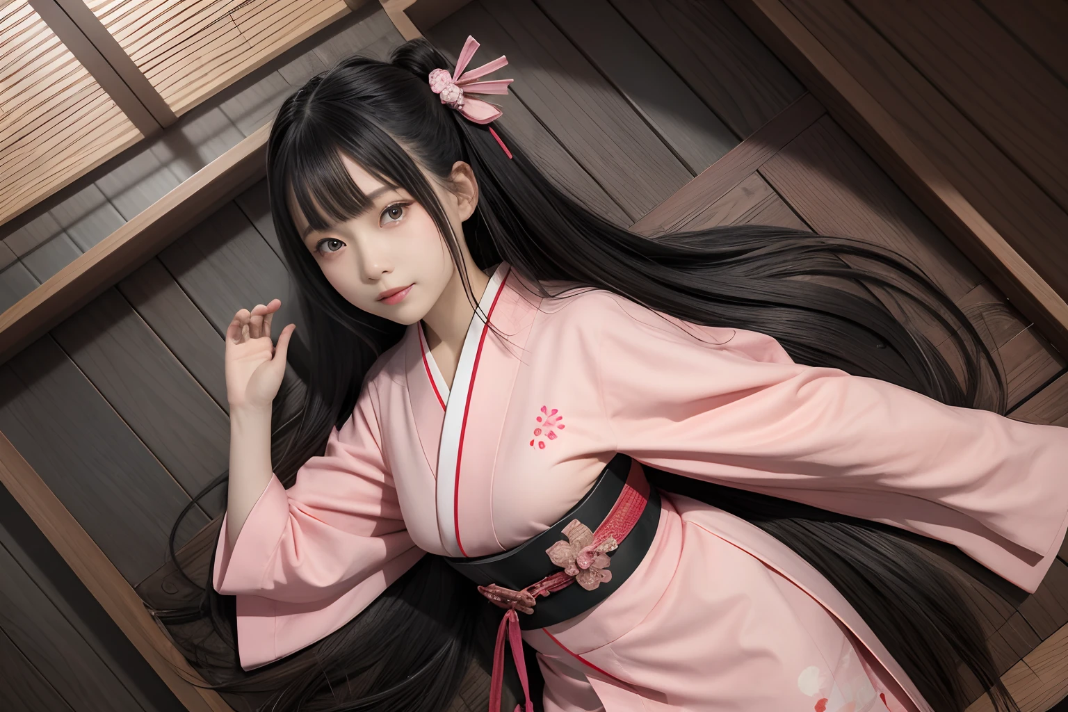 1fille, seulement, Kamado Nezuko , cheveux très longs ,cheveux noirs, Yeux roses, Forehead, vêtements japonais, Kimono rose, Haori , ceinture , ruban pour cheveux de la meilleure qualité,beautiFul,4k,F/1.6,Fractal art