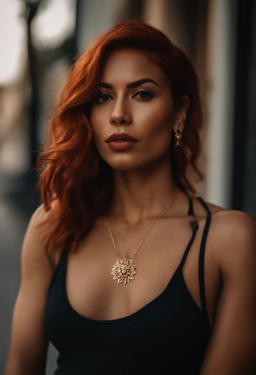 A woman with red hair and a black top posing for a picture - SeaArt AI