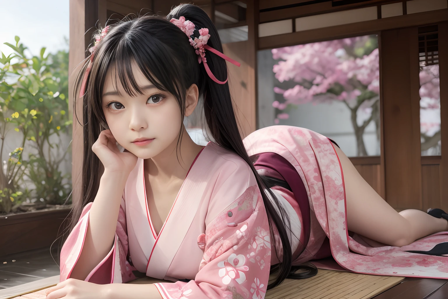 1fille, seulement, Kamado Nezuko , cheveux très longs ,cheveux noirs, Yeux roses, Forehead, vêtements japonais, Kimono rose, Haori , ceinture , ruban pour cheveux de la meilleure qualité,beautiFul,4k,F/1.6,Fractal art