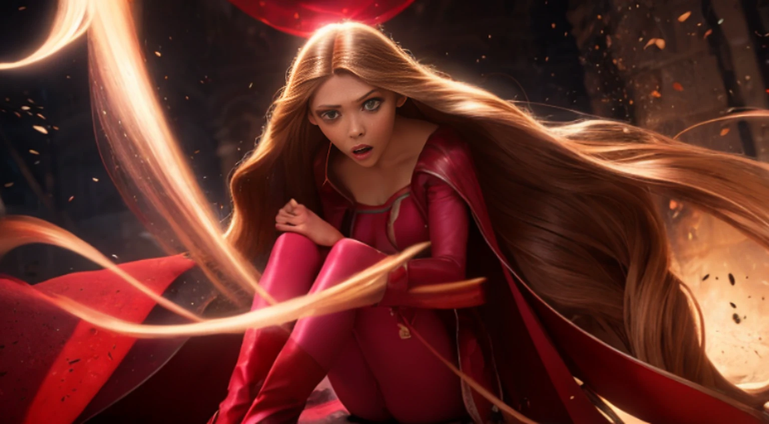 Elizabeth Olsen est la sorcière écarlate de Marvel, culturiste, super rapide, musclé, avec des abdos, Porter un tricot rouge sans manches, collants roses, Bottes rouges et gants d’opéra, une cape rouge avec un nœud autour du cou et un casque encadrant son visage, avec en toile de fond un enfer chaotique, objectif 35 mm, la photographie, ultra détail, HDR, UHD,8k