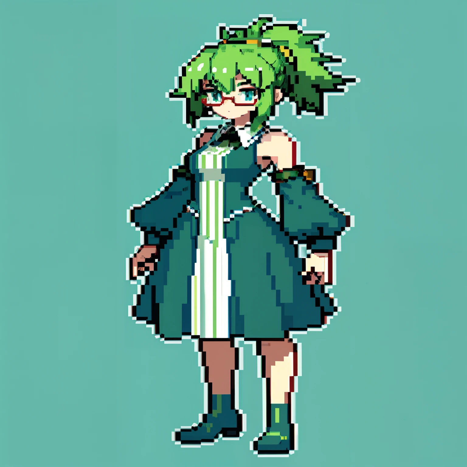 masterpiece, top quality, best quality), pixel,pixel art, 1 girl, pasture green bunches hair, fullbody, wearing glasses, attorney business suit