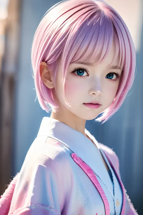 Cowboy Shot、Kawaii Girl, Exaggerated glowing eyes, Watercolor ink style rendering，Simple and aesthetically pleasing to the touch, Comic-inspired design, , mostly calm blue and bright pink,,,,,,Silver hair with pink tips,Super Short Bob, Cute short hairstyl...