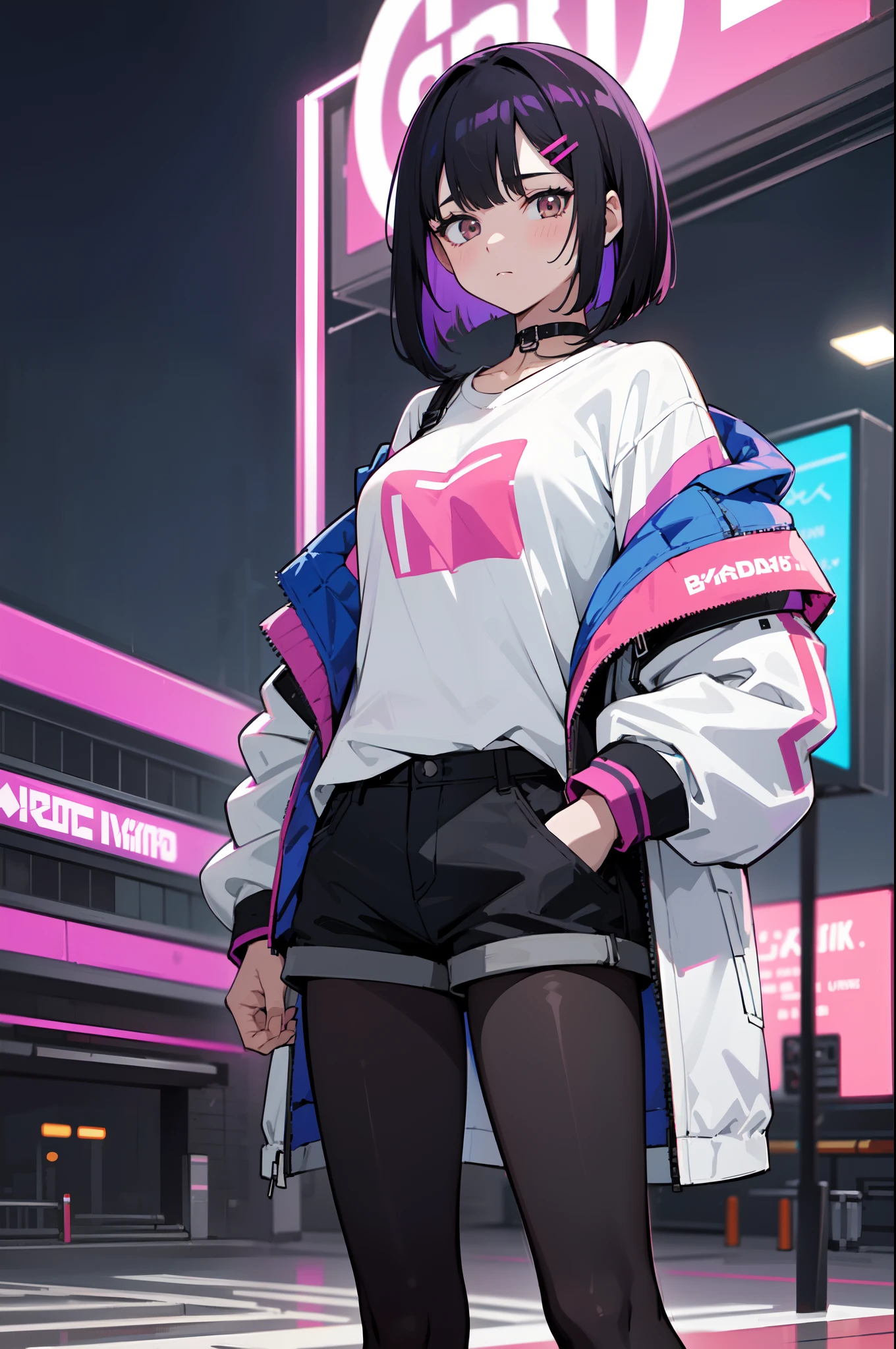 1girl, solo, teen girl, (black hair), (colored inner hair, purple hair), straight hair, bob cut, short hair, messy hair, assymmetrical hair, bang pinned back, hairclip, brown eyes, calm behaviour, inexpressive, medium breasts, choker, white shirt, black fabric shorts, (pantyhose:1.1), jacket, big jacket, thighs, (hands on pockets), night city, cyberpuk, colorful, beautiful, ((neon lights)), masterpiece, best quality, 4k