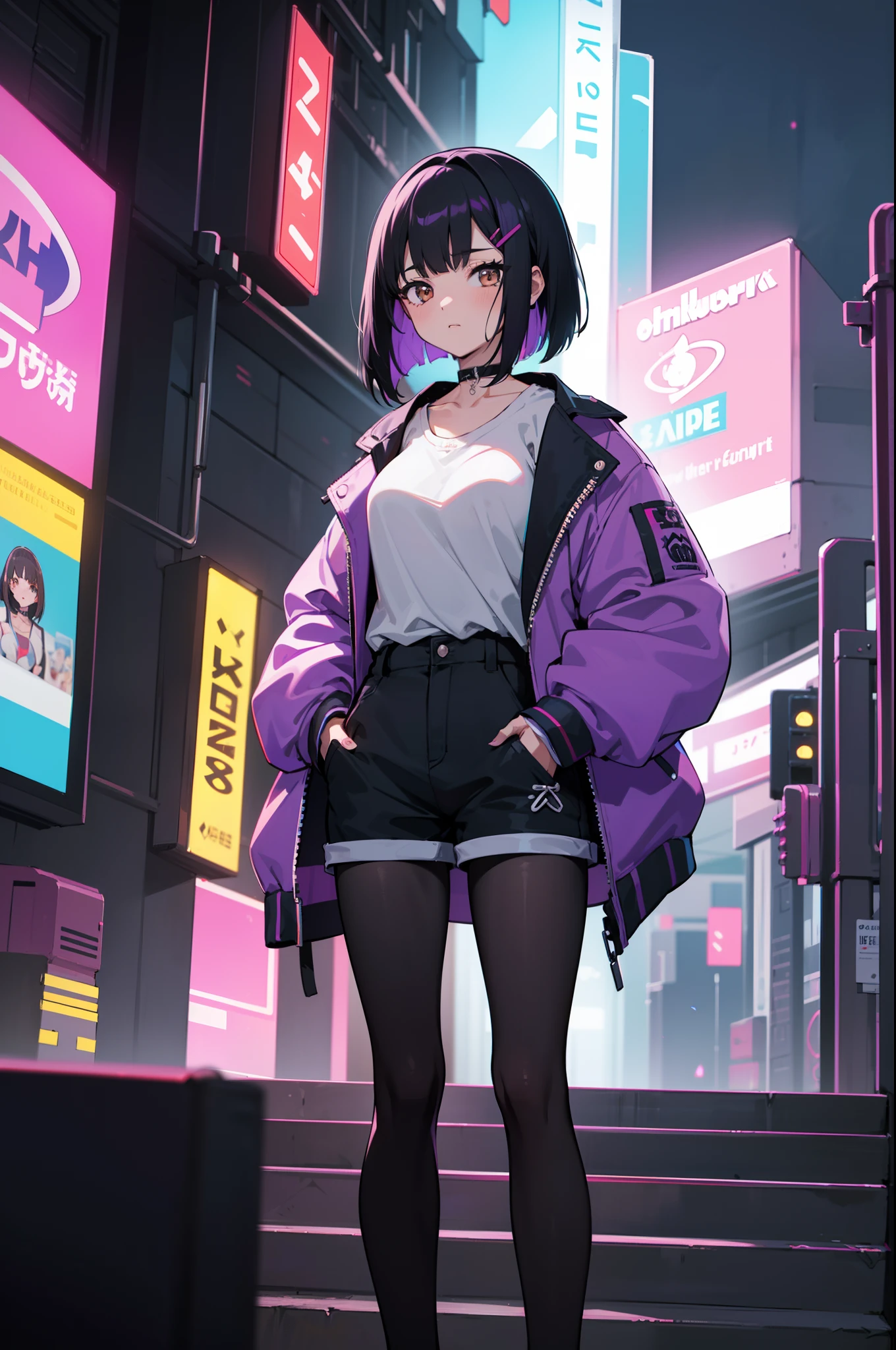 1girl, solo, teen girl, (black hair), (colored inner hair, purple hair), straight hair, bob cut, short hair, messy hair, assymmetrical hair, bang pinned back, hairclip, brown eyes, calm behaviour, inexpressive, medium breasts, choker, white shirt, black fabric shorts, (pantyhose:1.1), jacket, big jacket, thighs, (hands on pockets), night city, cyberpuk, colorful, beautiful, ((neon lights)), masterpiece, best quality, 4k