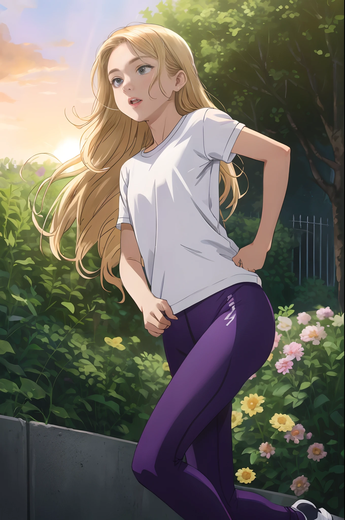 A woman in purple pants and a white shirt is standing in front of a fence -  SeaArt AI