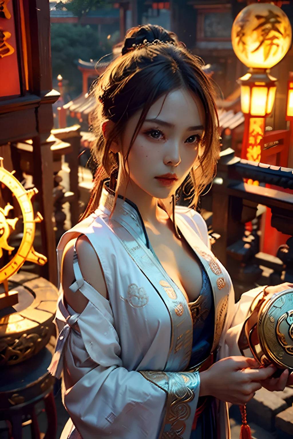 Best quality,masterpiece,ultra high res,(photorealistic:1.4),xiuxian,weapon,Detailed face,
1girl,solo,weapon,cleavage,(magic circle:1.2),xiuxian,upper body,Beautiful girl,full body,east asian architecture,sheath,architecture,